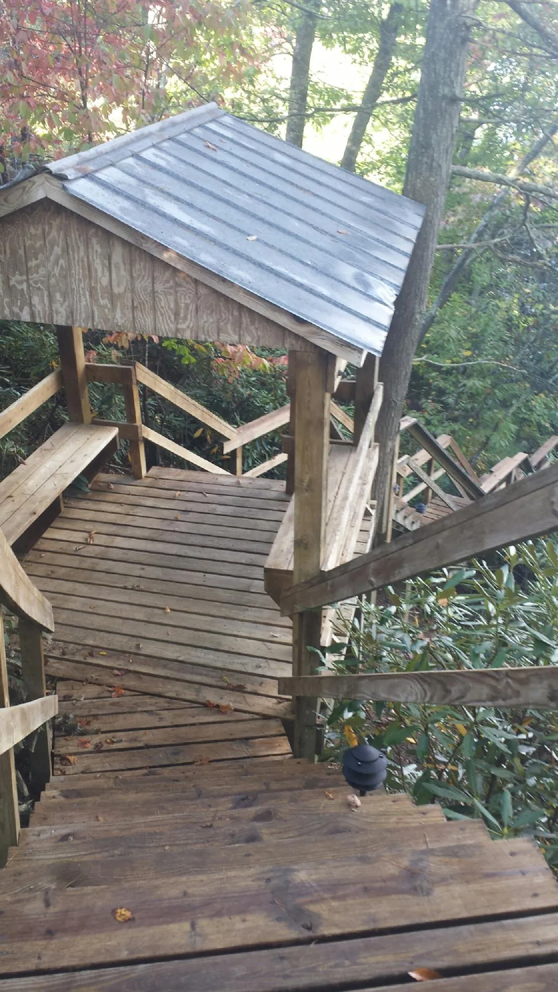 Metal roofed shelter over wooden steps on a wooded walkway — Skylight Repair & Installation work by our crew in Lake Wilson